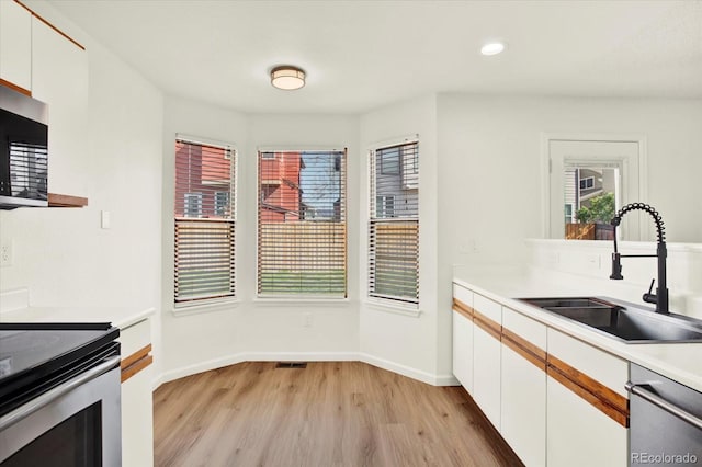 kitchen with a sink, light wood-style flooring, plenty of natural light, and appliances with stainless steel finishes