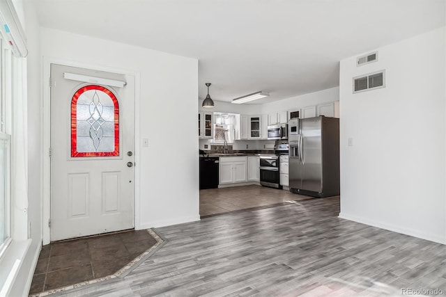 foyer entrance with sink and wood-type flooring