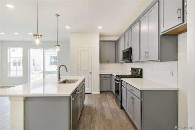 kitchen with gray cabinetry, a center island with sink, sink, light wood-type flooring, and appliances with stainless steel finishes