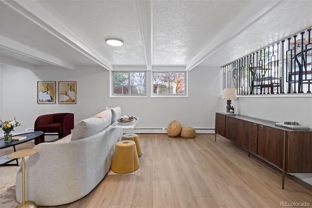 10801 W 29th Ave, Lakewood, CO 80215 - sitting room featuring a baseboard radiator, a textured ceiling, light wood-style flooring, and beamed ceiling