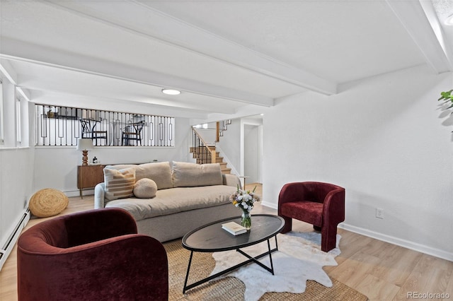 10801 W 29th Ave, Lakewood, CO 80215 - living area with light wood-style flooring, stairs, a baseboard heating unit, and beamed ceiling