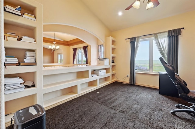 1625 N Yoder Rd, Yoder, CO 80864 - office with lofted ceiling, a ceiling fan, dark colored carpet, a chandelier, and recessed lighting