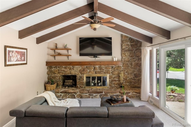 4810 W 102nd Pl, Westminster, CO 80031 - living area with carpet flooring, a fireplace, and a ceiling fan