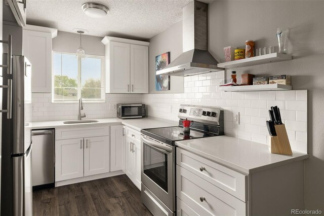 2271 Coronado Pkwy N Unit D, Denver, CO 80229 - kitchen featuring stainless steel appliances, a sink, wall chimney exhaust hood, tasteful backsplash, and open shelves