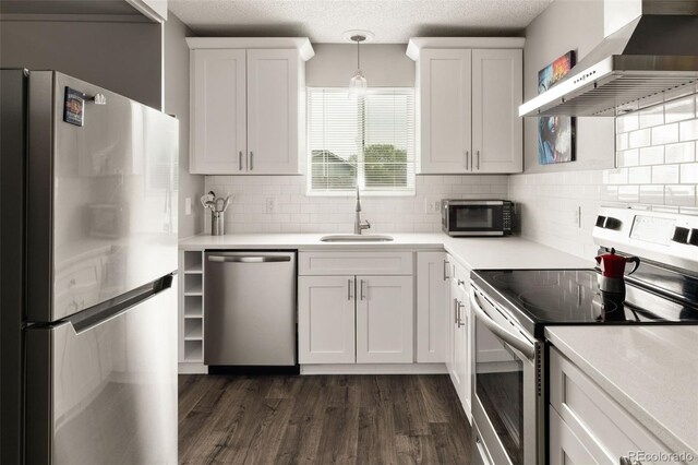2271 Coronado Pkwy N Unit D, Denver, CO 80229 - kitchen with appliances with stainless steel finishes, wall chimney range hood, a sink, white cabinets, and decorative backsplash