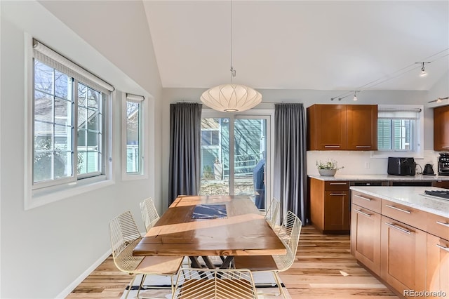 4861 Curie Ct, Boulder, CO 80301 - dining space with track lighting, light wood-type flooring, and vaulted ceiling