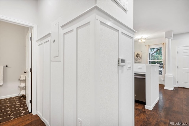 hallway with dark hardwood / wood-style flooring