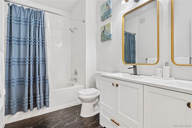 full bathroom with toilet, vanity, and shower / bath combo