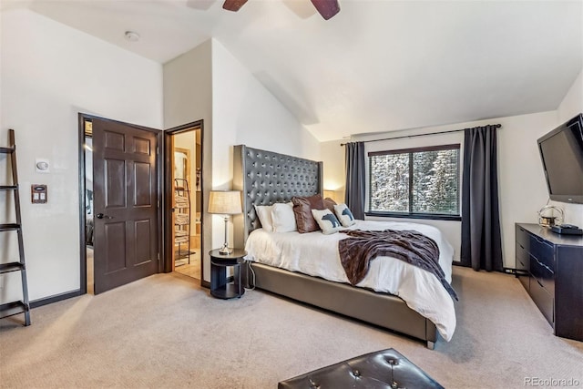 bedroom with lofted ceiling, light carpet, and ceiling fan