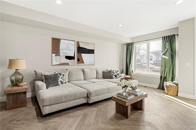 living room featuring light parquet flooring