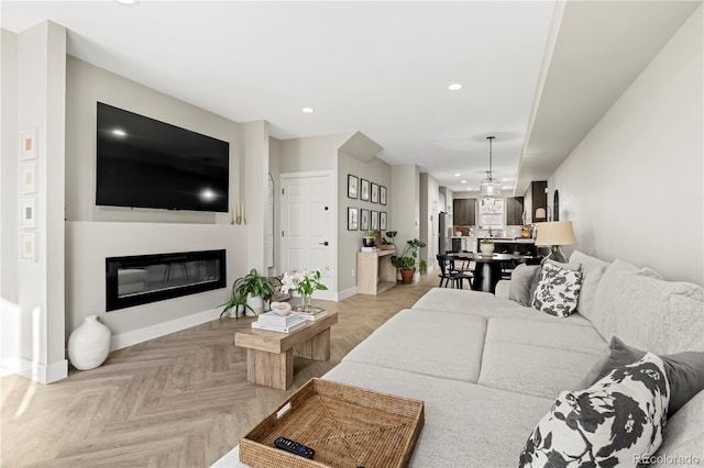 living room featuring light parquet floors