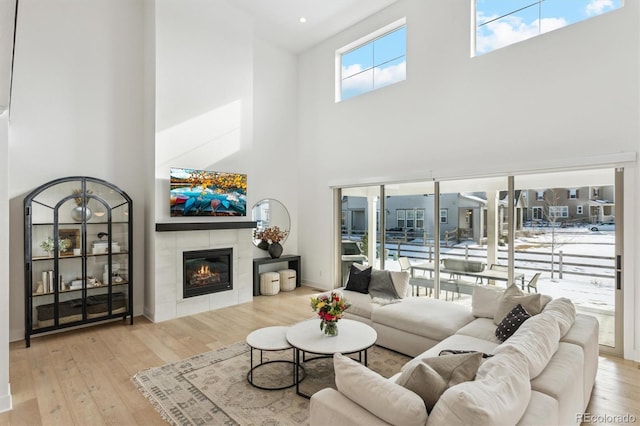 living room featuring a towering ceiling, a fireplace, and light hardwood / wood-style floors