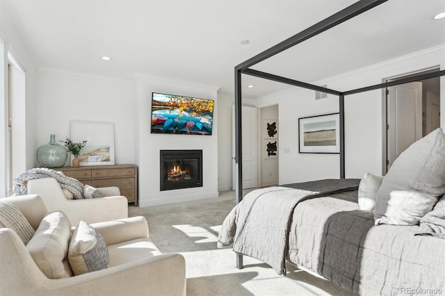 carpeted bedroom with crown molding