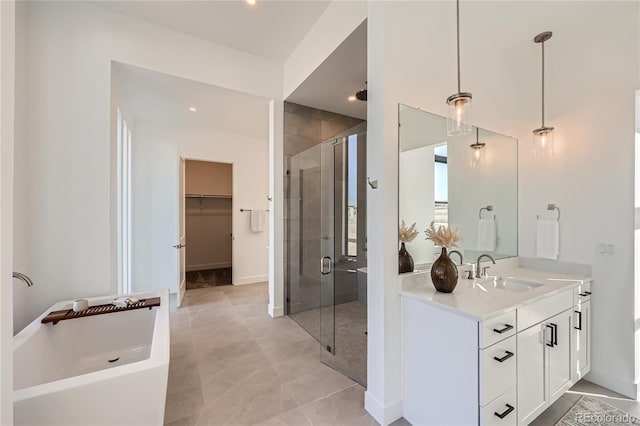 8648 Carneros Ct, Parker, CO 80138 - bathroom with a shower stall, vanity, a tub, a spacious closet, and tile patterned flooring