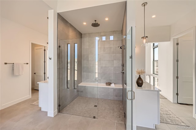 8648 Carneros Ct, Parker, CO 80138 - full bathroom featuring a stall shower, recessed lighting, and tile patterned flooring