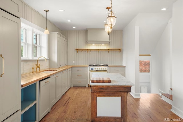 841 Niagara St, Denver, CO 80220 - kitchen with pendant lighting, high end appliances, open shelves, light wood-type flooring, and a sink