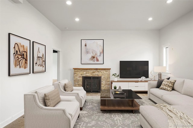841 Niagara St, Denver, CO 80220 - carpeted living area with recessed lighting, baseboards, and a fireplace