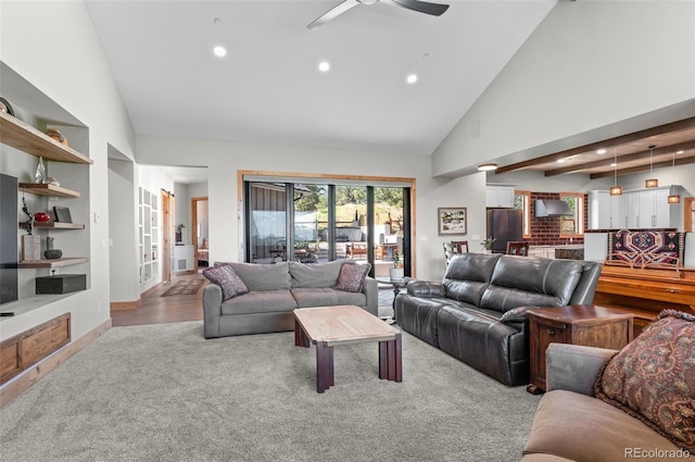 25350 Ridge Way, Golden, CO 80401 - living room featuring high vaulted ceiling, recessed lighting, ceiling fan, carpet flooring, and baseboards