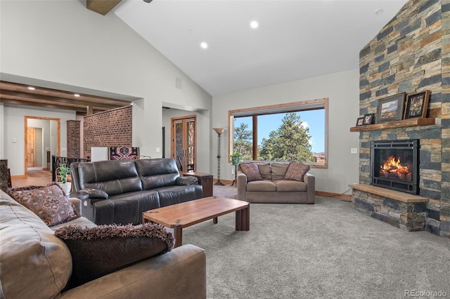 25350 Ridge Way, Golden, CO 80401 - carpeted living area with a stone fireplace, high vaulted ceiling, baseboards, and recessed lighting