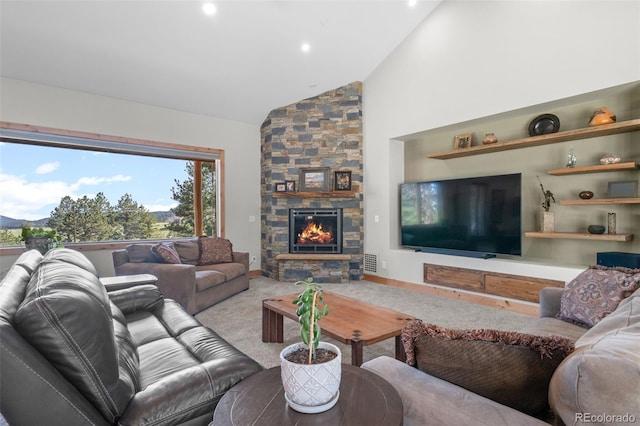 25350 Ridge Way, Golden, CO 80401 - carpeted living room with a stone fireplace, high vaulted ceiling, and recessed lighting