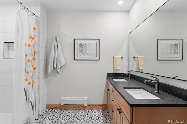 25350 Ridge Way, Golden, CO 80401 - full bathroom with a baseboard radiator, double vanity, a shower with curtain, and recessed lighting