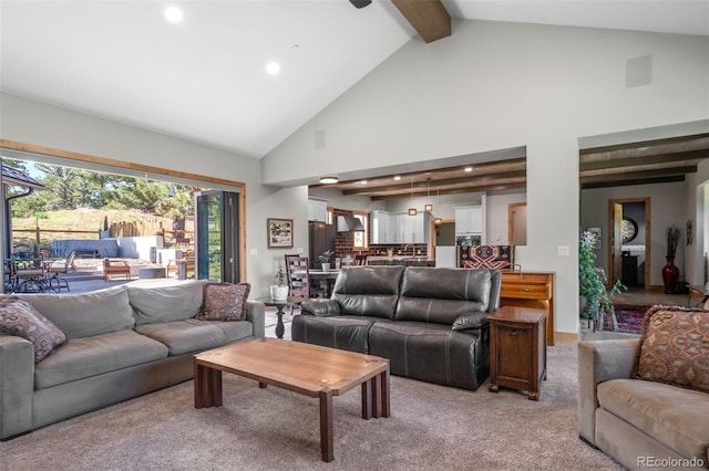 25350 Ridge Way, Golden, CO 80401 - living area with high vaulted ceiling, recessed lighting, light carpet, and beam ceiling