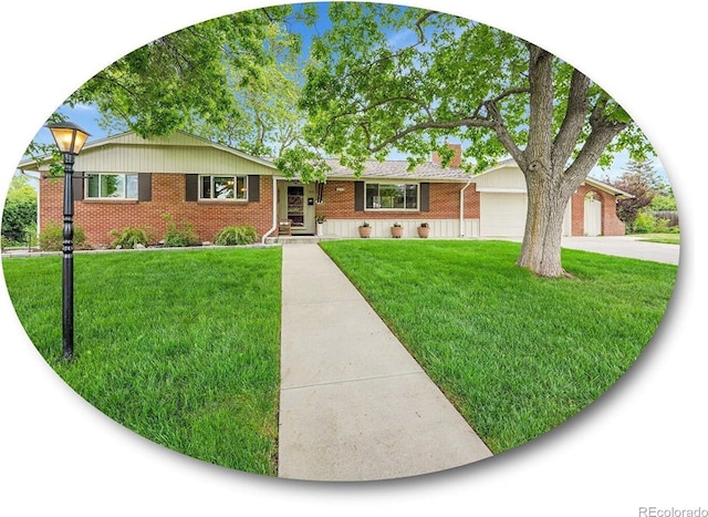 595 W Lake Ave, Littleton, CO 80120 - ranch-style home with a garage, brick siding, a front lawn, and driveway