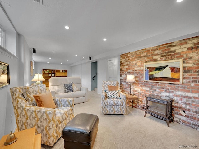 595 W Lake Ave, Littleton, CO 80120 - carpeted living room featuring recessed lighting, stairs, and a wood stove