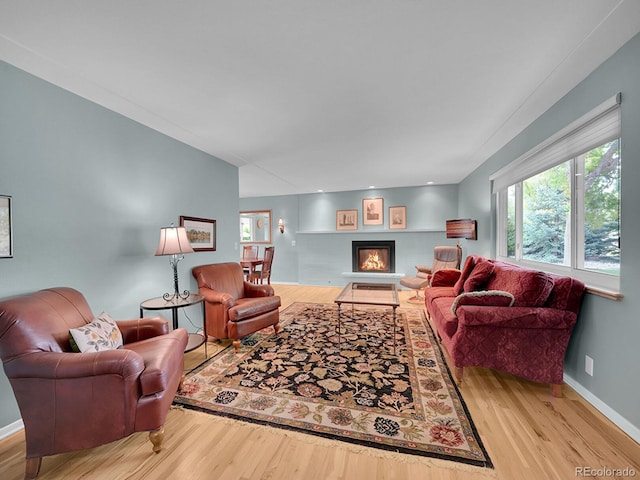 595 W Lake Ave, Littleton, CO 80120 - living area with wood finished floors, a lit fireplace, and baseboards