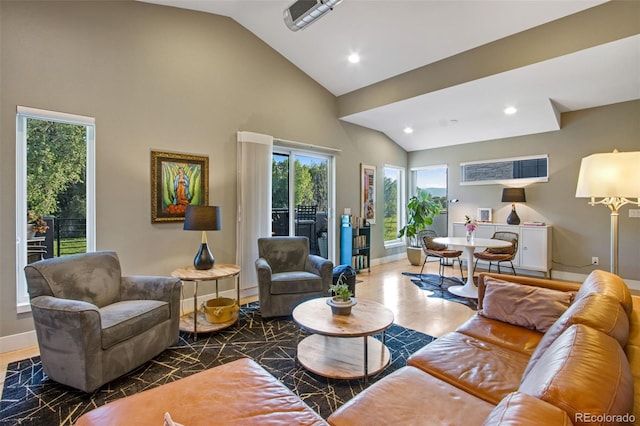 357 Pascal St, Fort Collins, CO 80524 - living room featuring baseboards, recessed lighting, and high vaulted ceiling