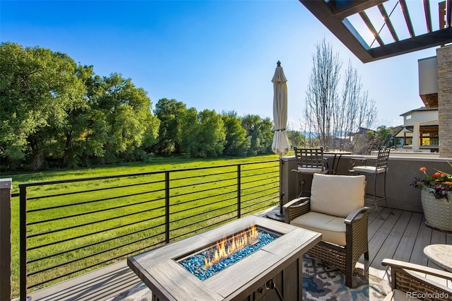 357 Pascal St, Fort Collins, CO 80524 - wooden terrace featuring a fire pit and a lawn