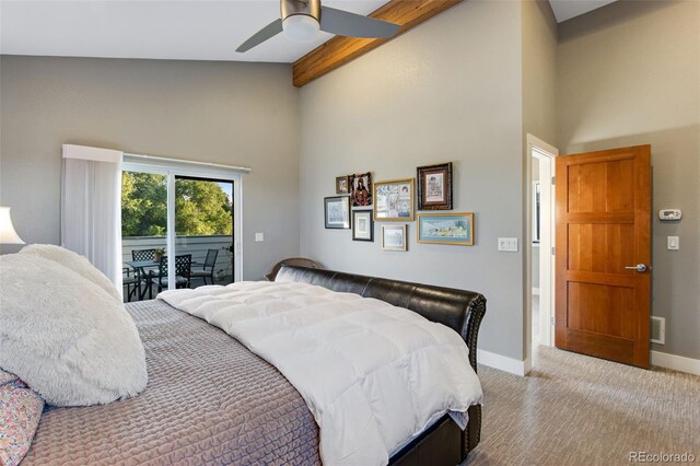 357 Pascal St, Fort Collins, CO 80524 - bedroom featuring access to outside, high vaulted ceiling, carpet flooring, baseboards, and beamed ceiling