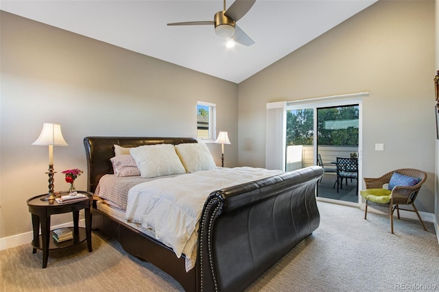 357 Pascal St, Fort Collins, CO 80524 - bedroom featuring access to exterior, baseboards, multiple windows, high vaulted ceiling, and ceiling fan