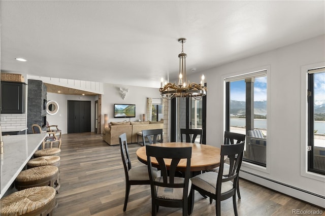 369 County Road 4051, Granby, CO 80446 - dining area with a baseboard radiator, a chandelier, and dark wood finished floors