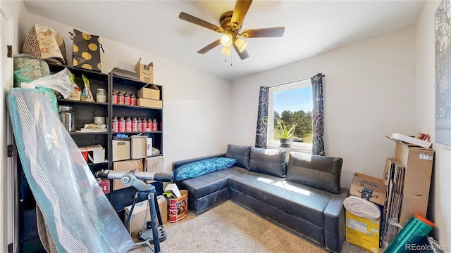 40291 Gold Nugget Dr, Deer Trail, CO 80105 - living room featuring carpet flooring and a ceiling fan