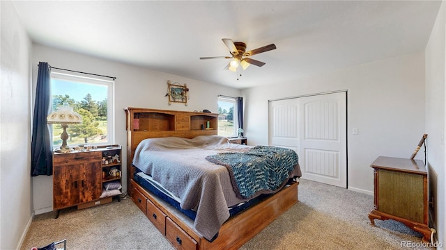 40291 Gold Nugget Dr, Deer Trail, CO 80105 - bedroom with light colored carpet, a closet, and a ceiling fan