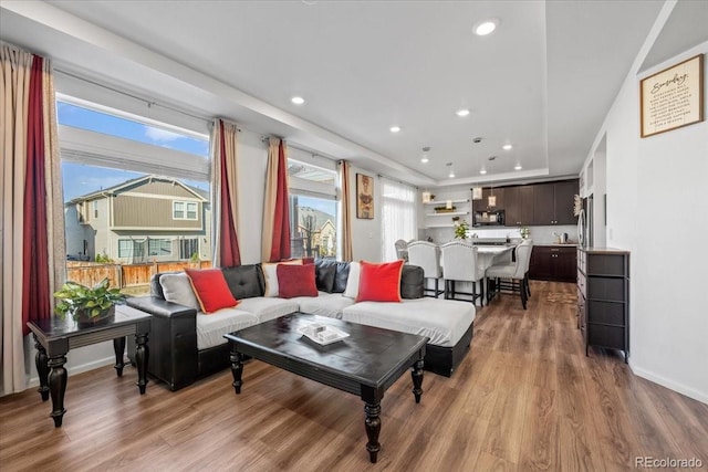 living room with hardwood / wood-style floors and a healthy amount of sunlight