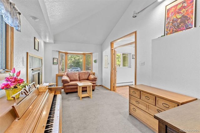 1732 Lansing St, Aurora, CO 80010 - living room with baseboard heating, vaulted ceiling, light carpet, and a tile fireplace