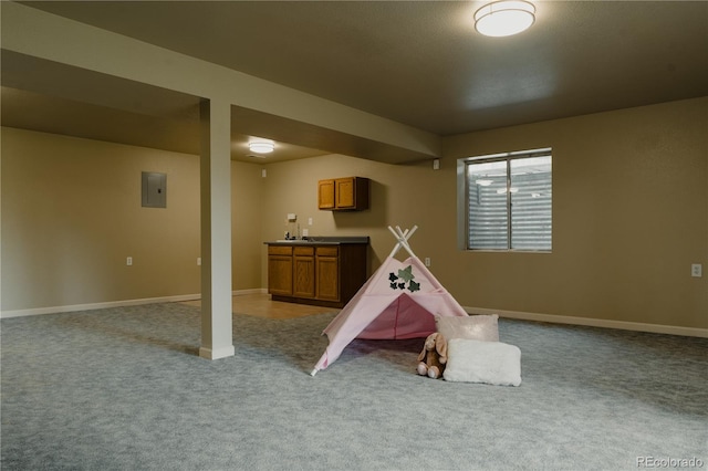 playroom featuring light carpet and electric panel