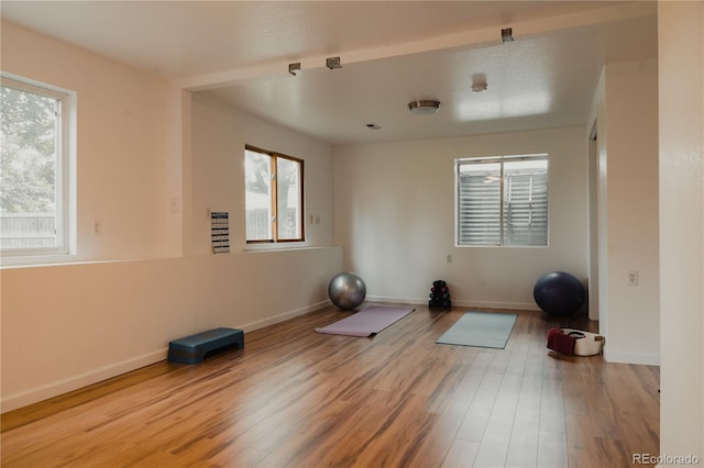 workout area with light hardwood / wood-style flooring and a wealth of natural light