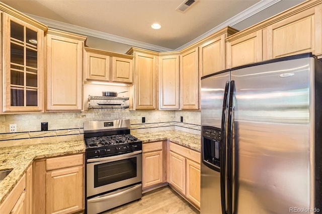 10127 Bluffmont Ln, Lone Tree, CO 80124 - kitchen featuring stainless steel appliances, light brown cabinetry, crown molding, glass insert cabinets, and decorative backsplash