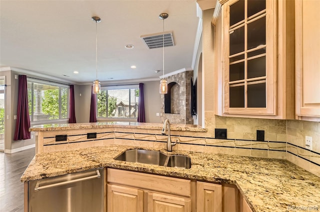 10127 Bluffmont Ln, Lone Tree, CO 80124 - kitchen featuring ornamental molding, stainless steel dishwasher, light brown cabinetry, decorative backsplash, and light stone counters
