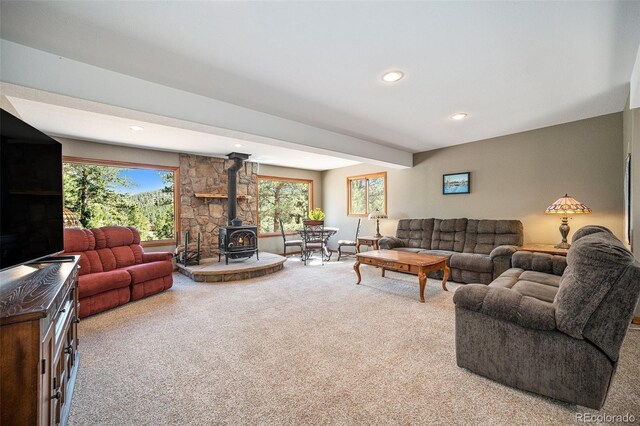 44 Conestoga Ct, Bailey, CO 80421 - living room with a wood stove, carpet floors, and recessed lighting