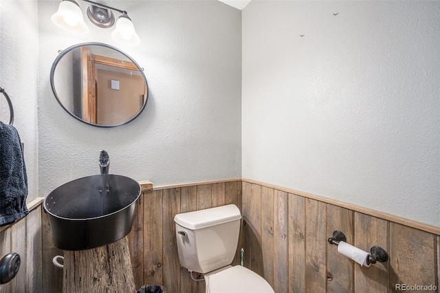 44 Conestoga Ct, Bailey, CO 80421 - half bathroom featuring a wainscoted wall, toilet, a sink, and wood walls