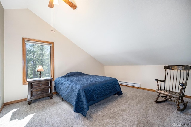 44 Conestoga Ct, Bailey, CO 80421 - carpeted bedroom featuring baseboard heating, lofted ceiling, baseboards, and a ceiling fan