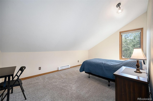 44 Conestoga Ct, Bailey, CO 80421 - bedroom featuring carpet, vaulted ceiling, baseboard heating, and baseboards