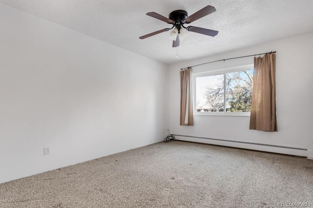 empty room featuring ceiling fan, a baseboard radiator, carpet, and a textured ceiling