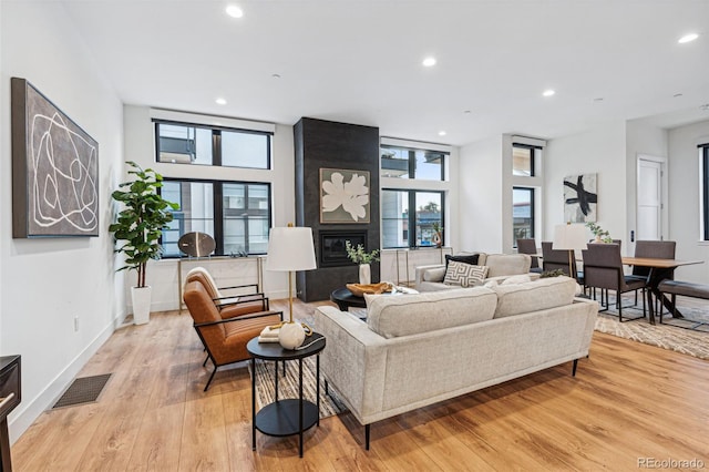 living room with a large fireplace, plenty of natural light, and light hardwood / wood-style floors