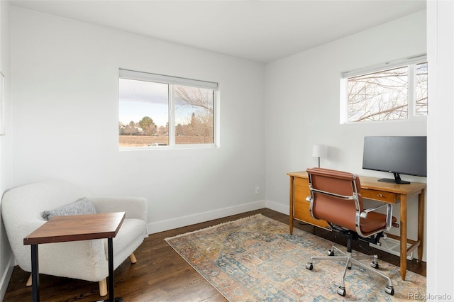 home office with baseboards, wood finished floors, and a healthy amount of sunlight