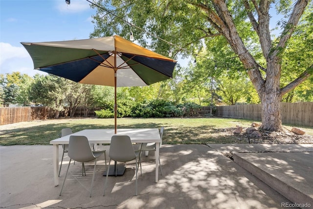 view of patio / terrace featuring a fenced backyard and outdoor dining space